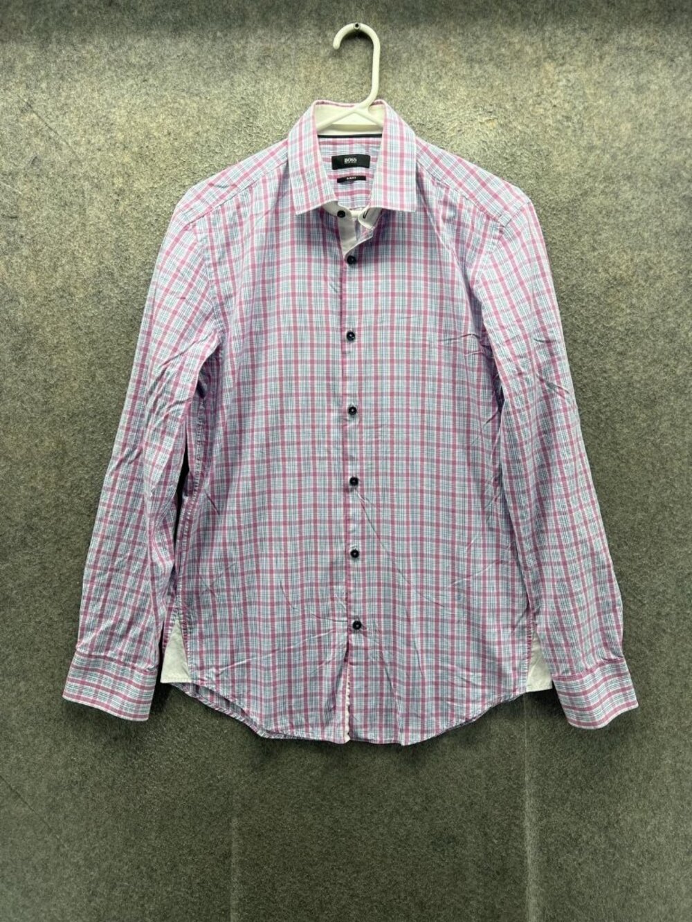 Boss Hugo Boss Dress Shirt Mens 39 15.5 Pink Plaid Slim Fit Long Sleeve